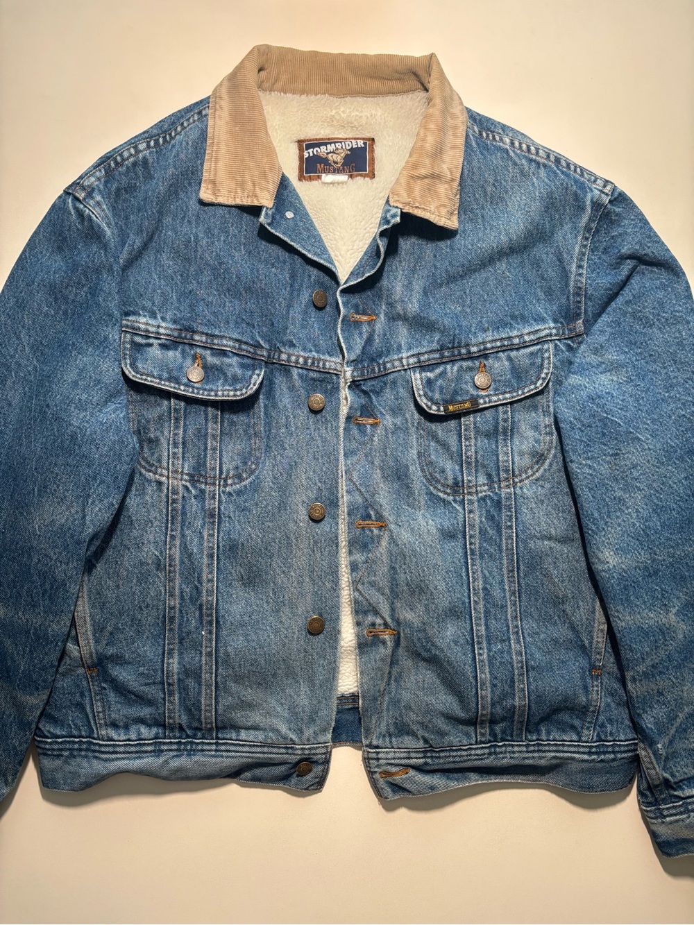 Vintage stormrider mustang Blue Denim Sherpa-Lined Jacket Tan Corduroy Collar
